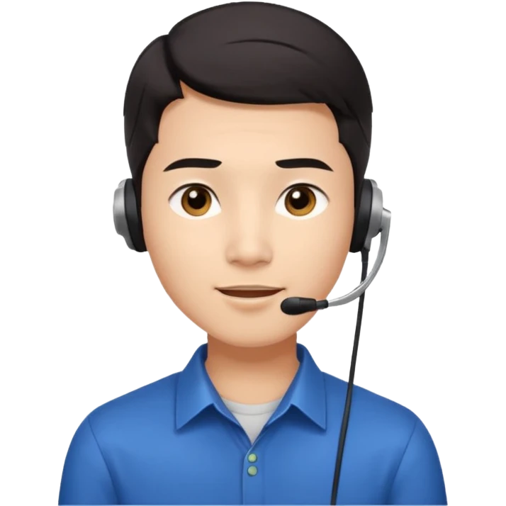 A young Asian man with smooth light skin, dark hair that swoops upward in the front, expressive eyes, a clean-shaven face, and a call-center style headset over one ear, flamboyent  emoji