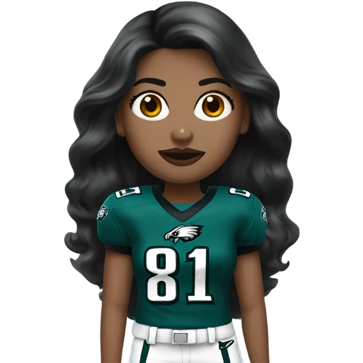 White female long dark hair red lips wearing Philadelphia Eagles jersey emoji