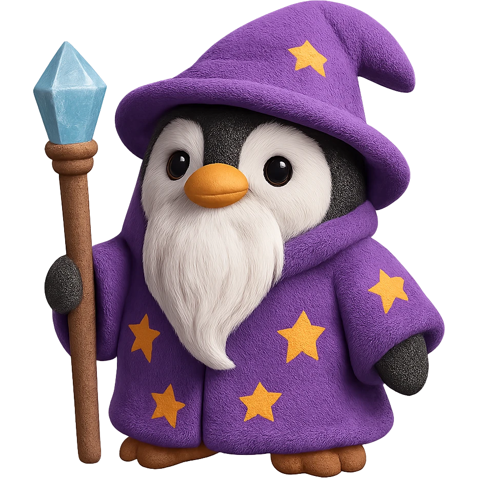 A wise old penguin wizard with a long white beard, purple robe with stars, and a crystal-tipped staff. The plush penguin has a gentle, wise expression. emoji
