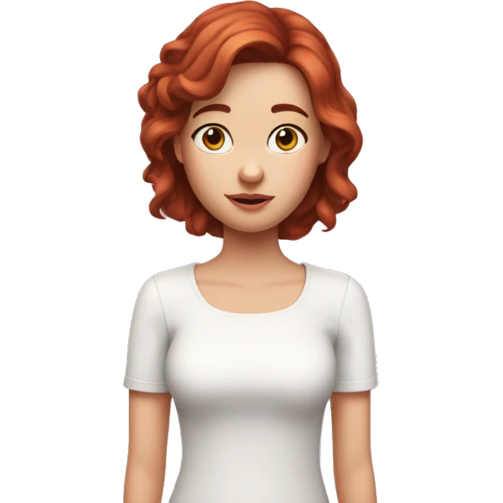 girl with kinda dark redhead hair with many freackles all over face and arm who hold an iphone 15 pink and is dressed with a white top emoji