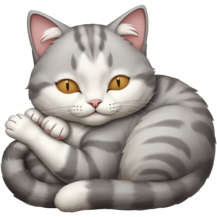 grey and white small cat with its eyes closed lying down leaning on his elbow with his paw curled under his head holding it up emoji