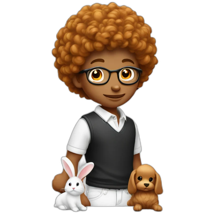 Garçon avec cheveux bouclé roux avec un lapin noir et blanc emoji