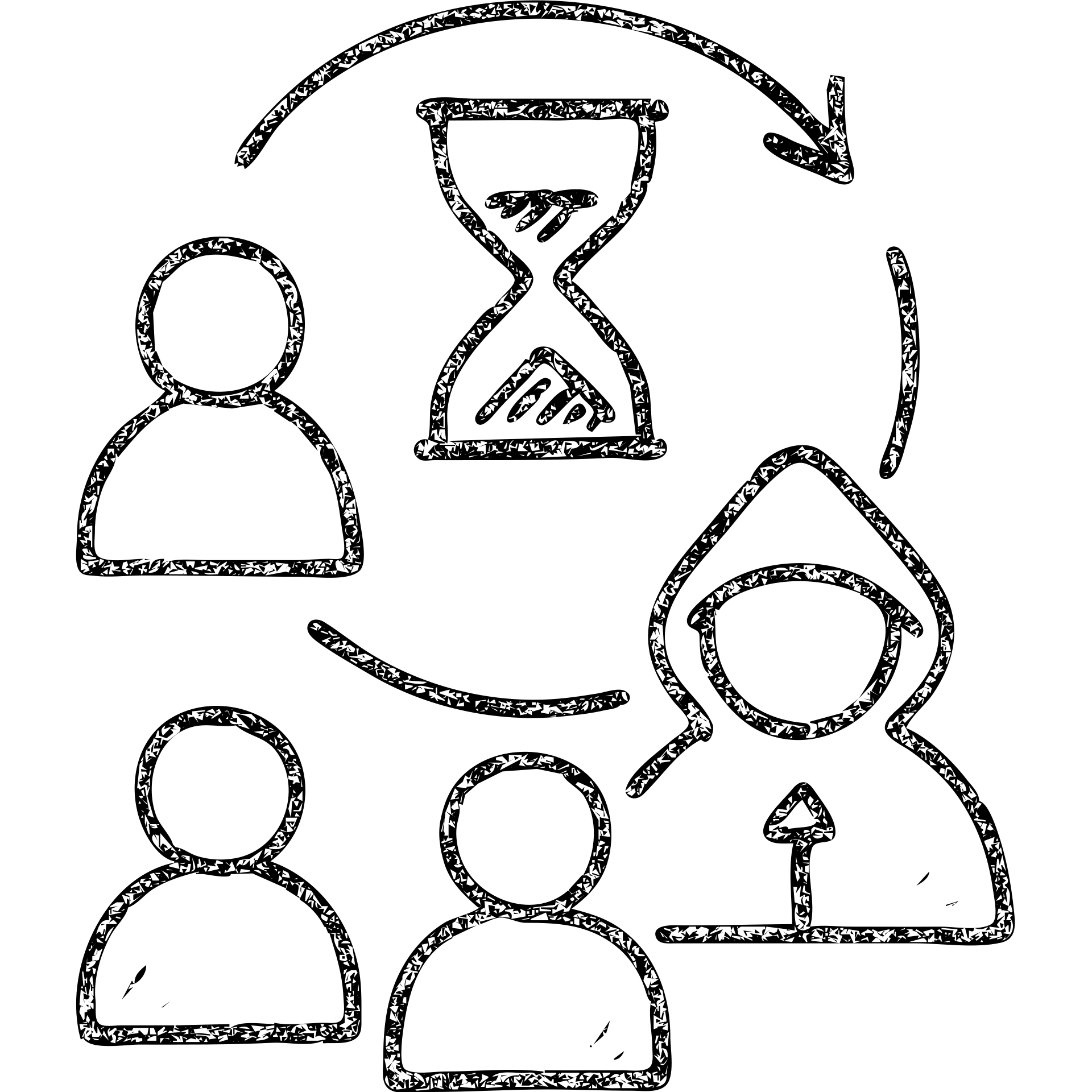 minimalist hand-drawn outlined icon of players and a game master collaborating, with a clock or hourglass representing a multi-day marathon, worn and distressed effect emoji