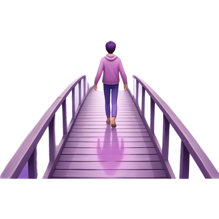 A small figure walks back across a foggy bridge, holding soft pink and purple orbs in each hand—symbolizing compassion and forgiveness. A gentle heart aura trails behind them, showing healing in motion. emoji