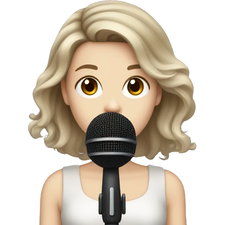 a girl with brown hair, hazel eyes, pale skin, dark lips, singing into a microphone emoji