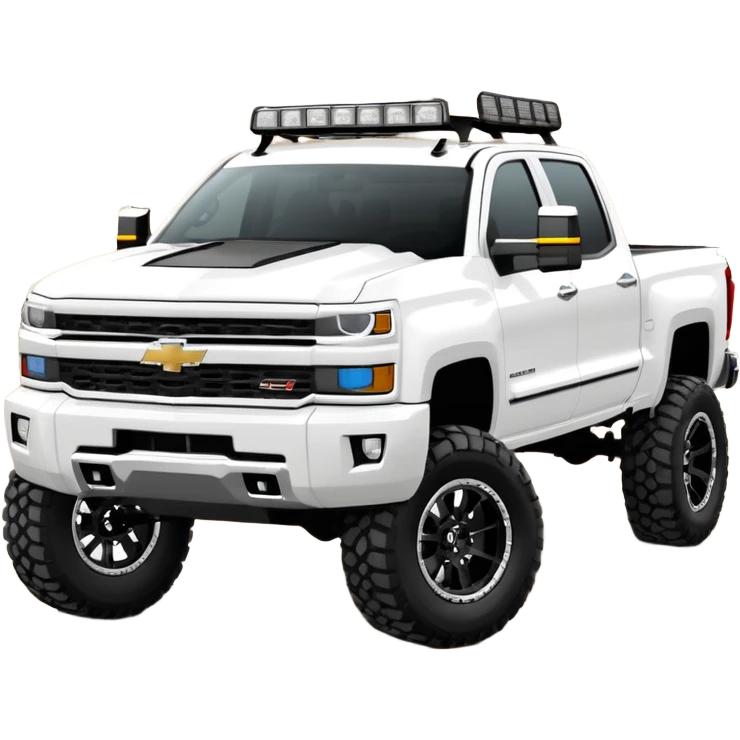  Chevrolet 2500 2022 crew cab. A ferocious truck featuring a vivid white base and black off road front bumper and chrome off road wheels. Emphasize sharp, high-contrast black streaks across the body, creating a look of aggressive, explosive energy. emoji