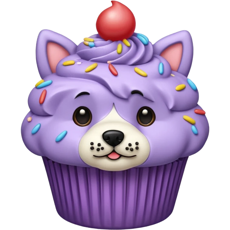 cupcake with pastel lavender frosting decorated to look like a dog face emoji