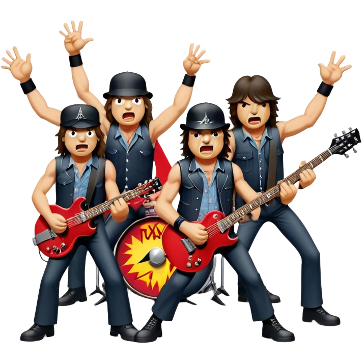 Cinematic Realistic AC/DC Band Emoji, depicted as a high-energy rock ensemble with electrifying stage presence and gritty textures, rendered with bold vibrant lighting that captures the raw power and rebellious spirit of their music. emoji
