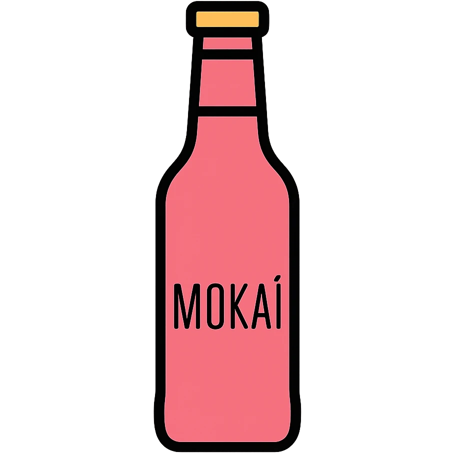 minimalist vector icon of a Mokai bottle, with Mokai logo and attributeGroup as owner, no background emoji