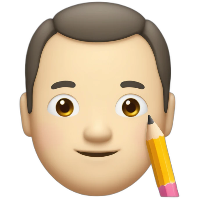 A fat, slightly thin, droopy-eyed, thick-lipped, big-headed, cute Japanese guy with a pencil in his hand and a smile on his face emoji
