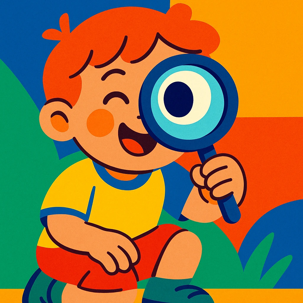 a child looking through a magnifying glass, vibrant and playful style emoji