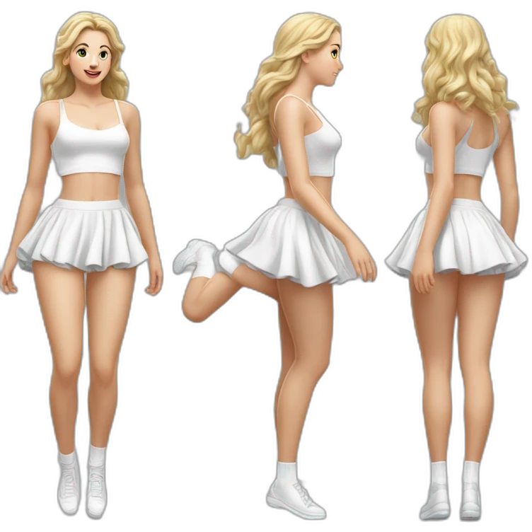 Hyperrealistic Full body Caucasian curvy beauty jumping short white skirt back and front views strong wind knickers long white socks emoji