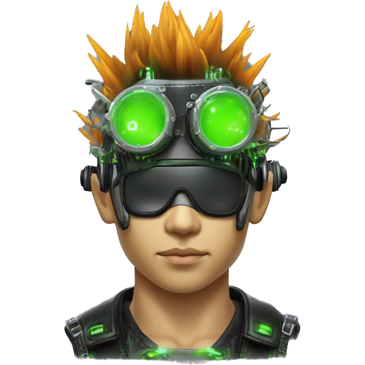 Mohawk hair with neon green highlights Asian male cyborg head with neon silver steampunk goggles and circuits emoji