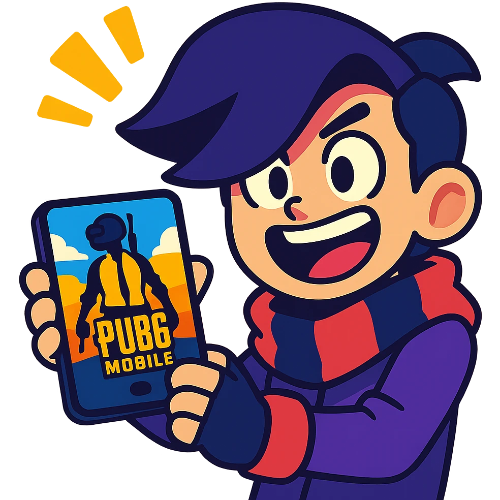Edgar from Brawl Stars holding a phone with PUBG Mobile on the screen, excited expression, colorful, cartoon style emoji