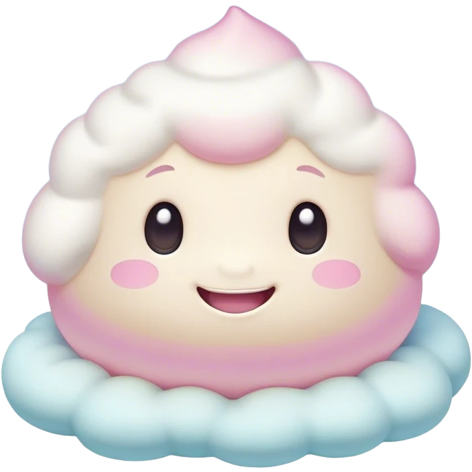 Cinematic fluffy pastel marshmallow character, soft round edges, tiny sparkly eyes, a small happy smile, glowing warmly, floating in a dreamy soft sky. emoji