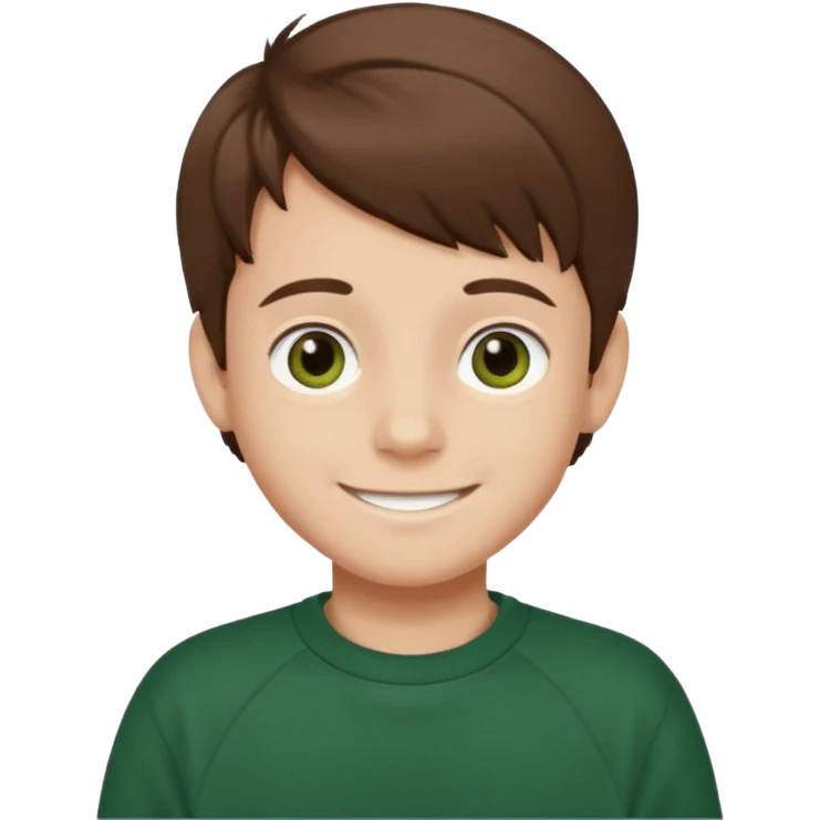 a smiling boy with brown hair and white skin with dark eyes and he is wearing a dark green sweatshirt emoji