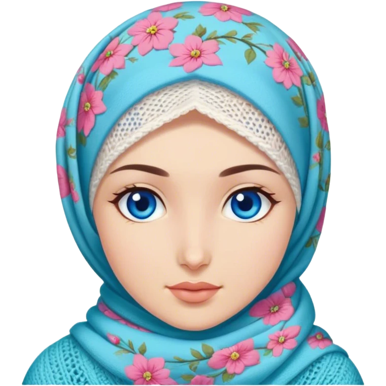 Turkish beautiful finish Konya girl blue eyes with spring floral hijab does knitting  emoji