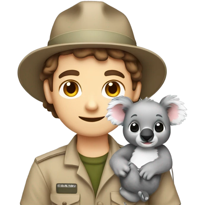 Caucasian brown hair male zookeeper holding cute koala emoji