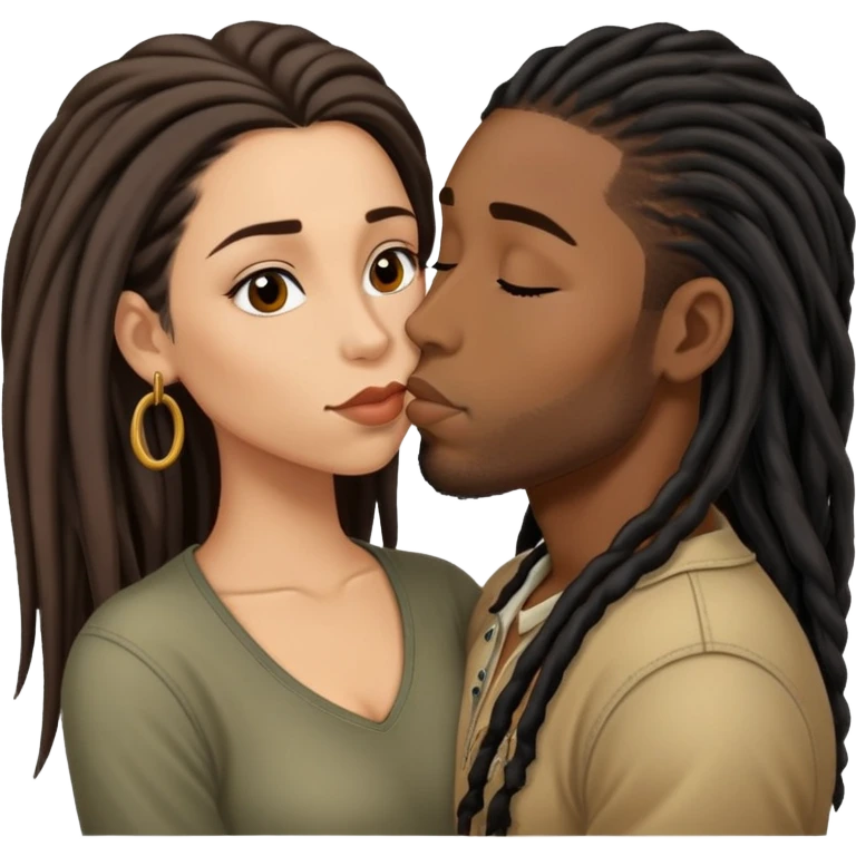 Latina Woman with long hair kissing a young black guy with dreads chin hair emoji