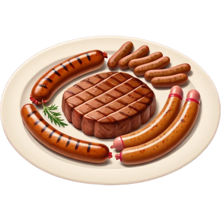 Meat dishes avatar in clean emoji-style illustration. Steak, roasted meat, and sausages, rich brown and red tones, simple shapes, flat design, hearty and appetizing. emoji