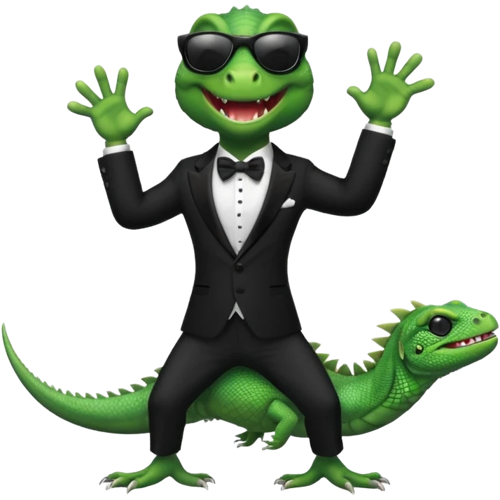 capitalist iguana banker in tuxedo and black sunglasses dancing crazy emoji