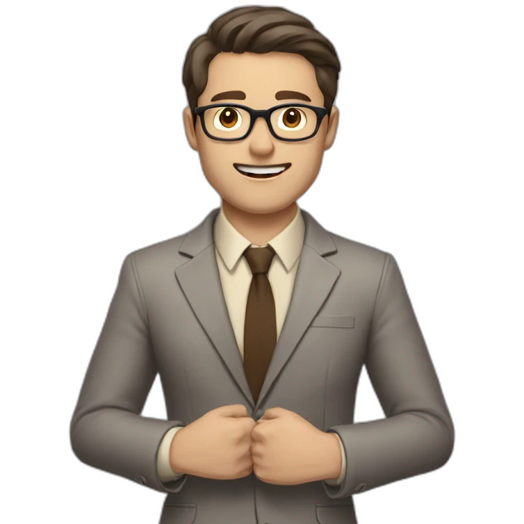To belt Actively gesturing with hands Pale skinned fit man with dark brown hair in gray jacket, beige office shirt, brown tie, brown pants and vintage glasses. emoji