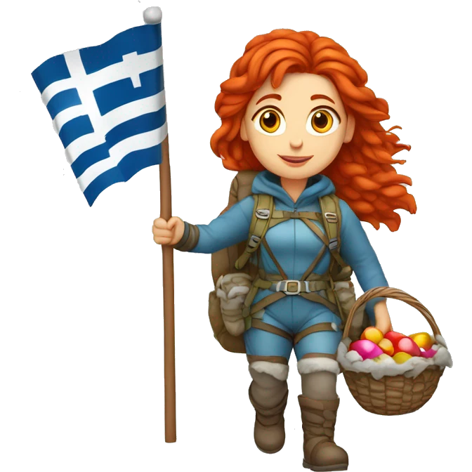 Greek Female winter mountaineer red hair white skin climbing with Greek Flag and Easter eggs basket emoji