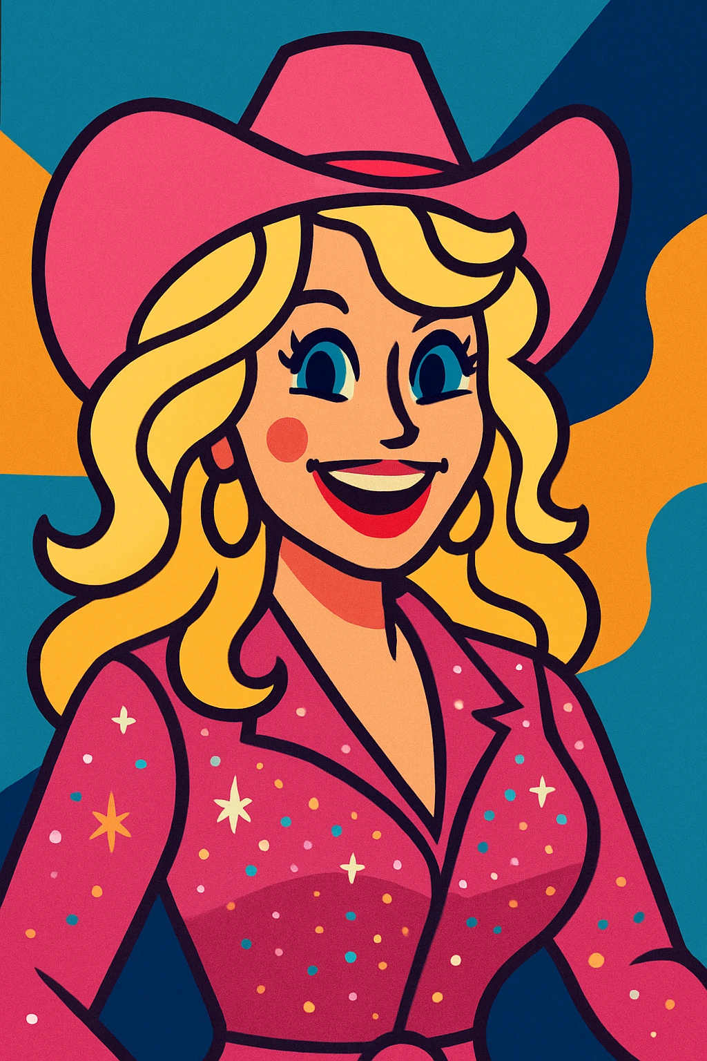Dolly Parton wearing a pink cowgirl hat, sparkling outfit, cheerful expression emoji