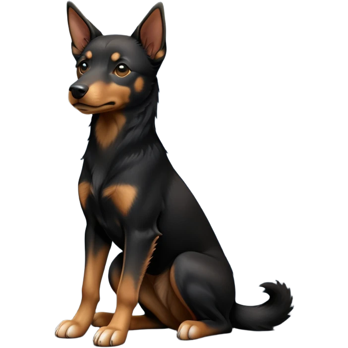 cinematic-[australian kelpie]-realistic-full-body-sitting-emoji,-tail-resting-loosely-beside-its-paws,-head-tilted-dramatically, -sleek-[Black and tan]-fur,-simplified-yet-realistic-focused-features,-highly-detailed,-glowing-with-an-almost-sarcastic-glow emoji
