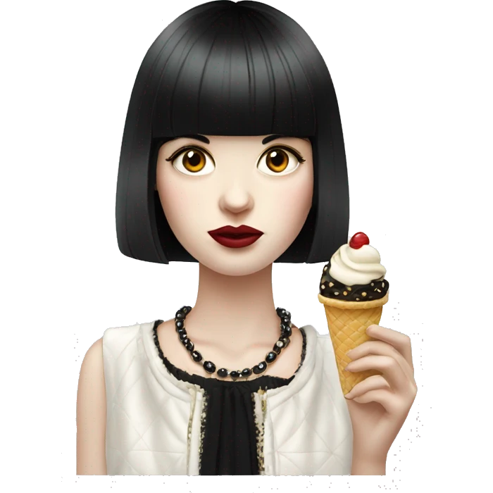 Portrait chanel clothes Girl pale skin with long black  bangs eating icecream  emoji