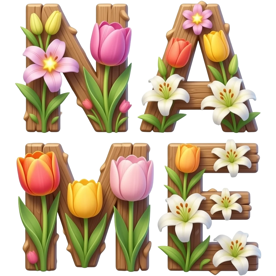 A text 'NAME' formed from tree wood bar. Vibrant tulips and lilies bloom from the letter, each flower center glowing like a tiny star. Dreamy atmosphere, hyper-realistic, soft pastel colors emoji