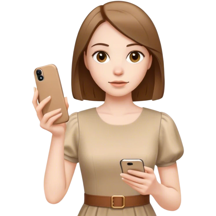 pale skin woman with brown Straightened bob Hair, beige dress holding white IPhone 15 pro in the hands emoji