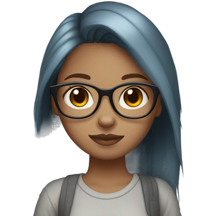 A blue eyed, straight medium length hair red headed girl with light skin, black glasses, a nose ring, holding an all grey cat  emoji
