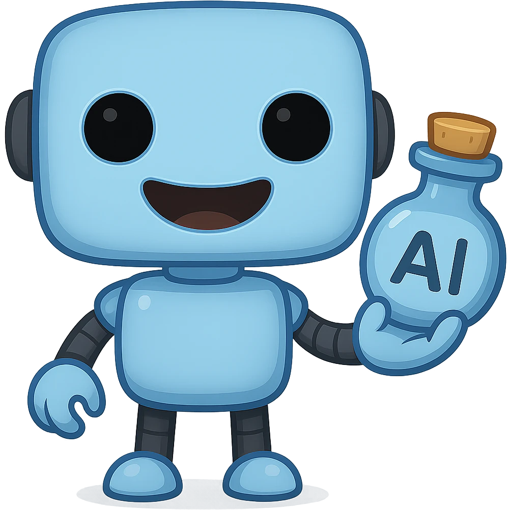 Edit the time elixir bottle in the robot's hand by replacing the clock symbol with the text 'AI'. Keep the rest of the image the same, including the transparent background and the light blue (#b0f2f8) cute robot. The original style is apple emoji style, but since it does not support editing, use the generic GPT Image style while preserving the apple emoji style look. emoji