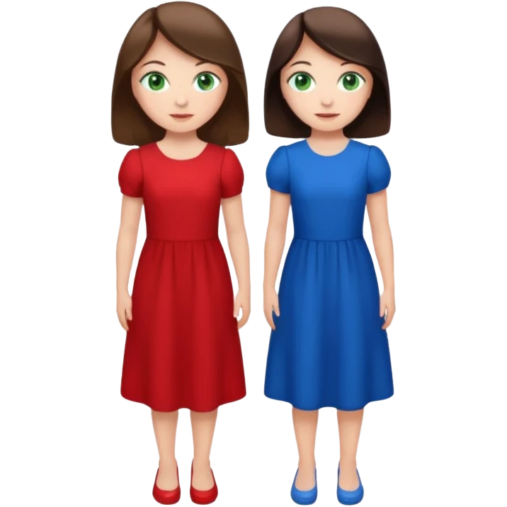 A brunette sister with green eyes and a brunette sister with green eyes in different clothes standing happily emoji