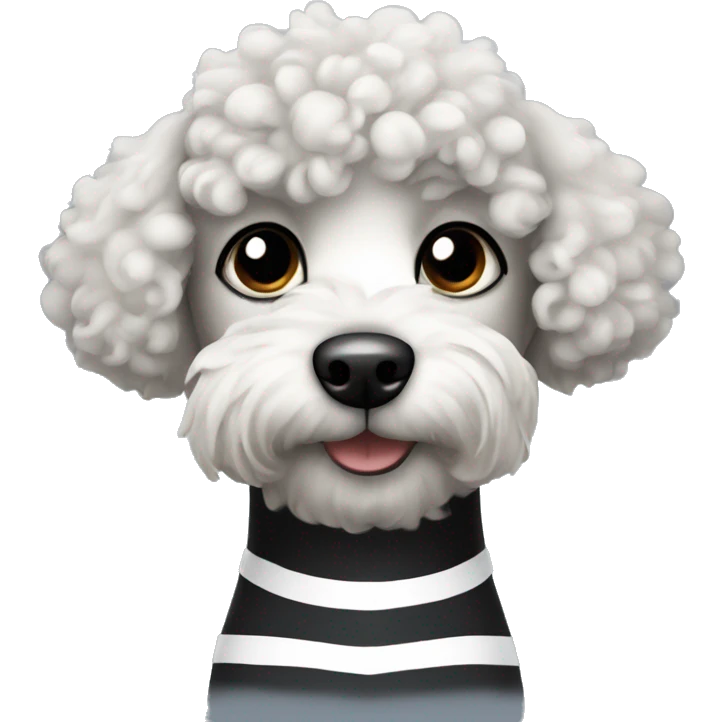 small curly haired black dog with white stripe on chest  emoji