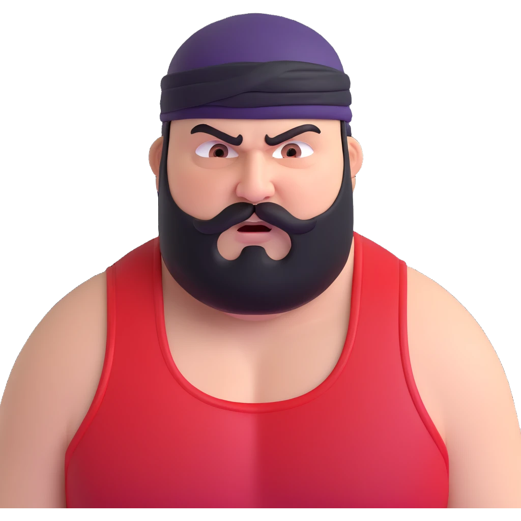 Close-up of extremely fat white skin guy with young face, prominent BLACK DURAG tied clearly on head, distinct black beard and mustache, no muscle, black eyes in a red and black wrestling singlet with angry face emoji