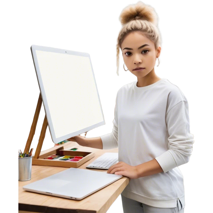 A person is **standing up from their desk**, a determined look on their face. In front of them is a **blank canvas, an open laptop, or a workbench**—a symbol of **taking action**. Their **future self**, glowing with confidence, is **guiding their hands as they type, paint, build, or create something emoji
