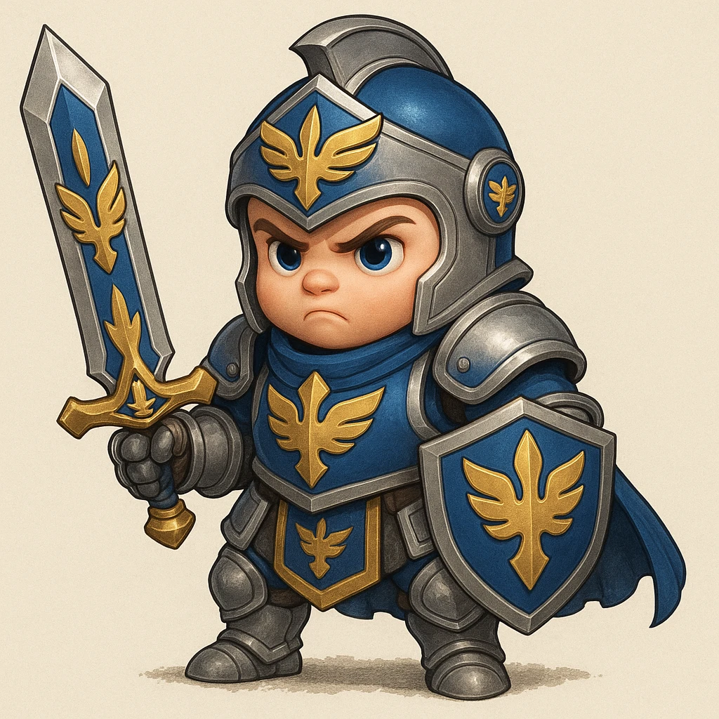 Add a prominent Demacian crest to the armor and sword of the baby knight, keeping the blue and silver color scheme and heroic look, in a style that matches the original image's cute and noble baby knight appearance. emoji