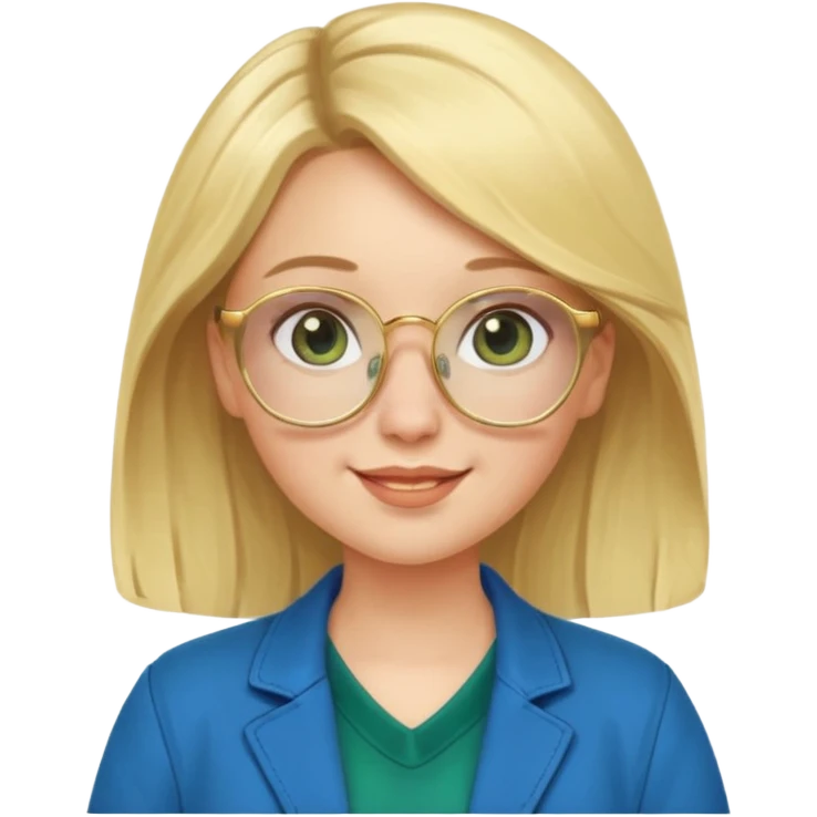 pregnant blonde 18-year old with golden glasses in a bright blue dress and a dark green jacket on top of the blue dress emoji