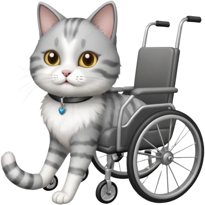 disabled grey and white cat using pet wheelchair emoji