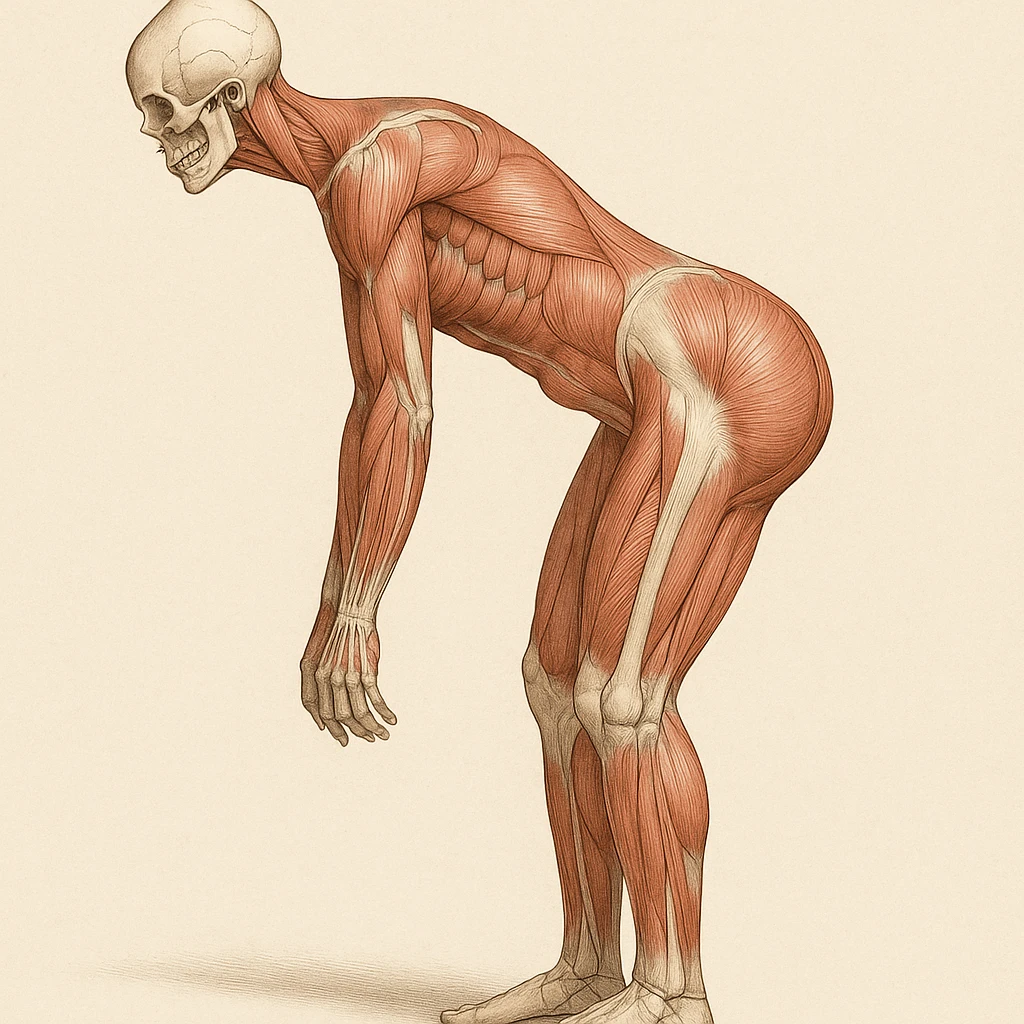 Girl in the same posture as the reference photo, anatomical version showing only muscles and bones, identical silhouette. Medical illustrative style with clear details. emoji
