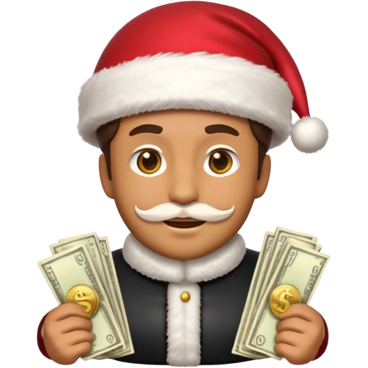 A confident rich emoji face wearing a Santa hat, money stacks, casino vibe, New Year theme, premium 3D emoji style, sharp details, no text, isolated on transparent background emoji