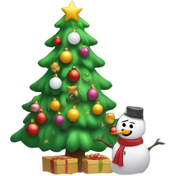 Christmas tree with snow man putting on ornaments  emoji