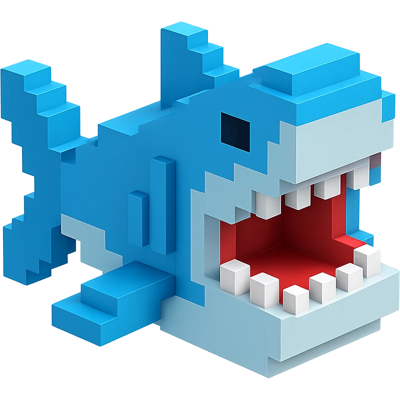 voxel style shark, open mouth, blocky, blue and silver, no background emoji