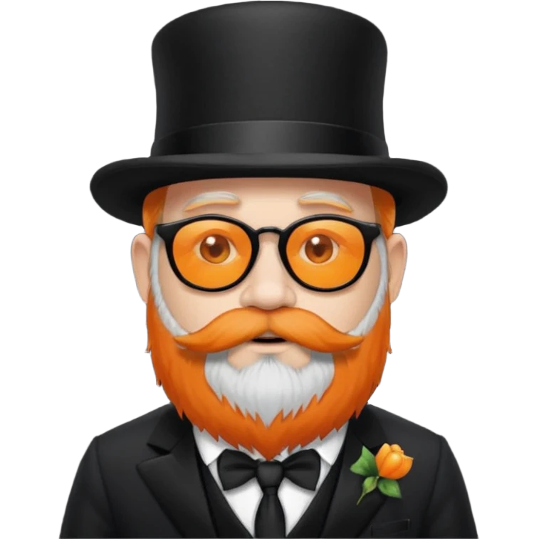 dwarf with a beard, a hairy body black sunglasses and a black top hat on his head. He also has a black tie on his chest. His nose is orange and his skin is pale white. emoji