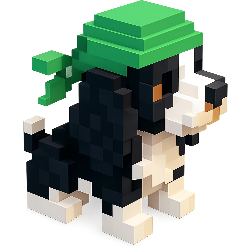 A black and white Russian Cocker Spaniel puppy wearing a green durag, facing right emoji