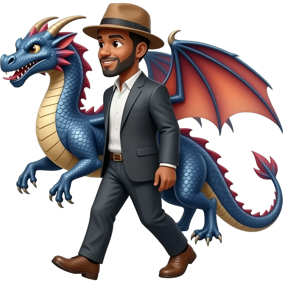 Walking Black man with a Hat on and holding a Draco emoji