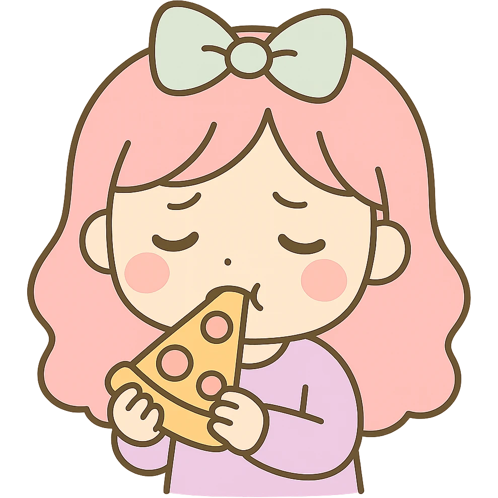 Make the girl eat pizza and look like she is not enjoying it, same kawaii chibi anime style, flat pastel colors, thick outlines, simple cute features, transparent background. emoji