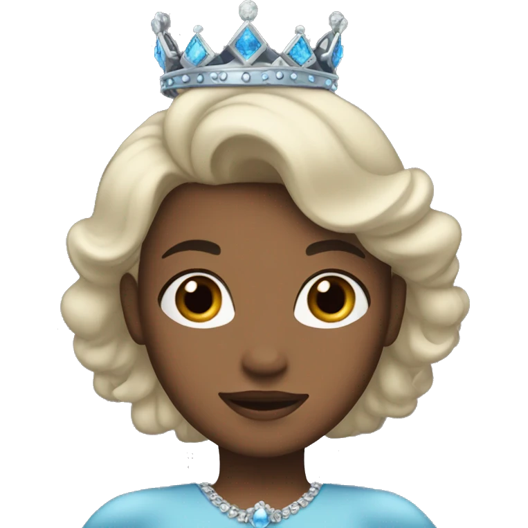 A woman with dark brown/black hair, brown eyes, wearing a blue princess crown emoji